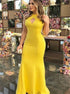 Sheath Halter Floor Length Ruffles Satin Yellow Prom Dresses LBQ0795